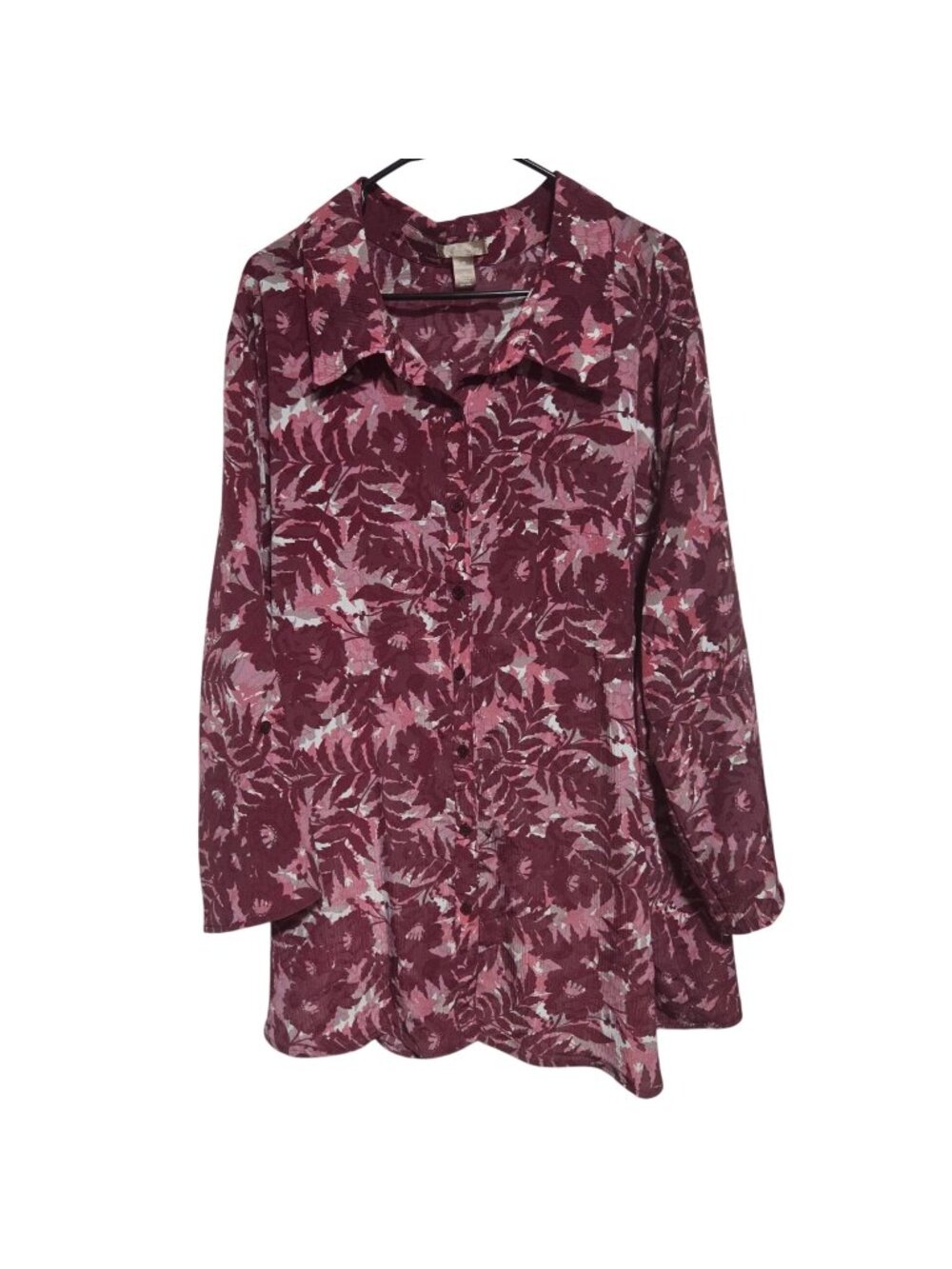 White Stag Floral Button Up Blouse Plus Size 4X Burgundy Pink Long Sleeve